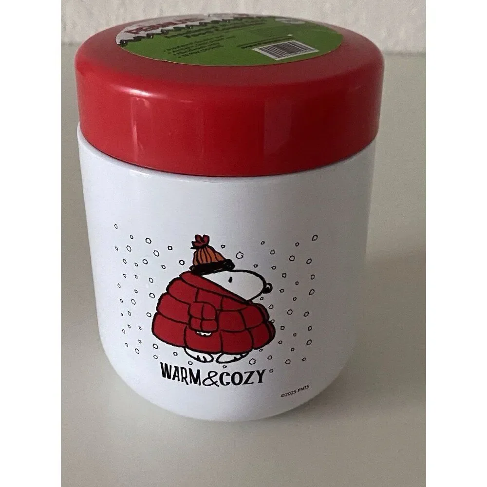 Peanuts Snoopy Wearing Puffy Coat Puffer Jacket Insulated Food Container 16.9 Oz